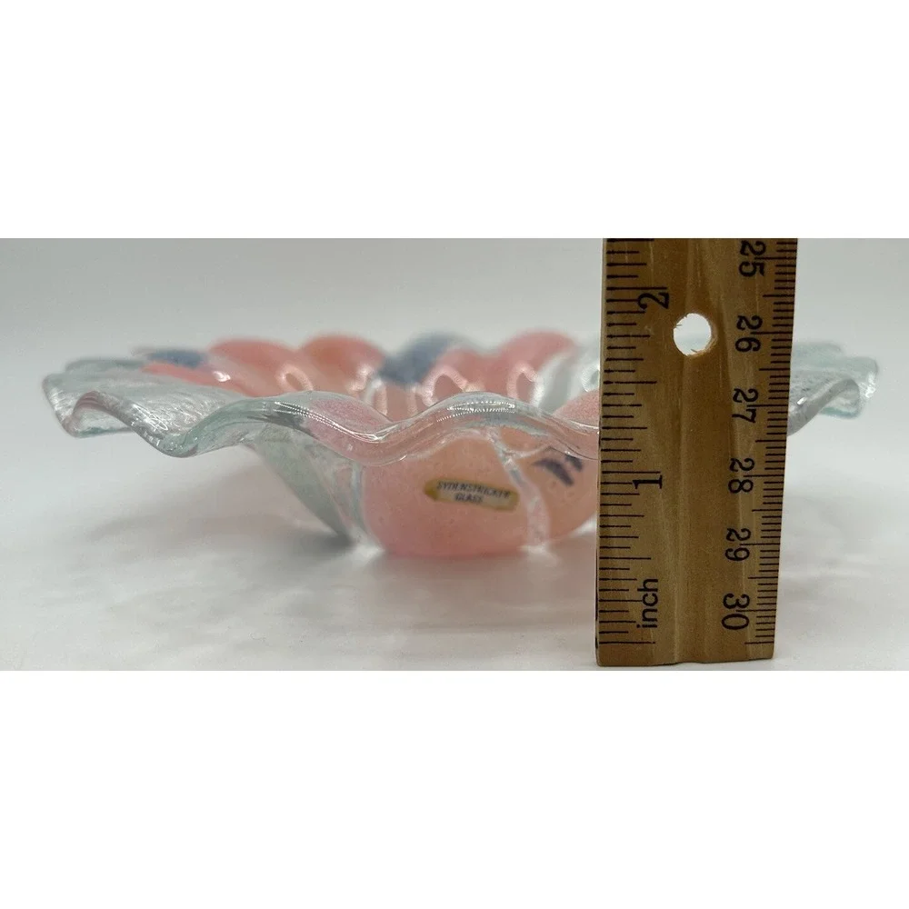 SYDENSTRICKER Fused Glass Fluted Small Bowl Pink Flowers Small Candy Dish‎ VTG